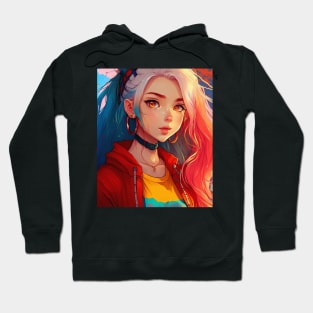 Kawaii Anime Egirl Rainbow colored hair Hoodie